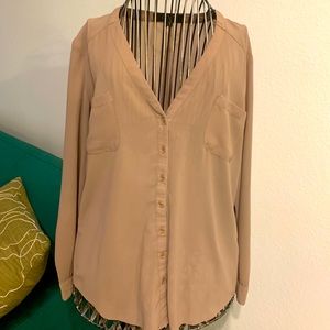 Unique brown button down blouse Opening in back
